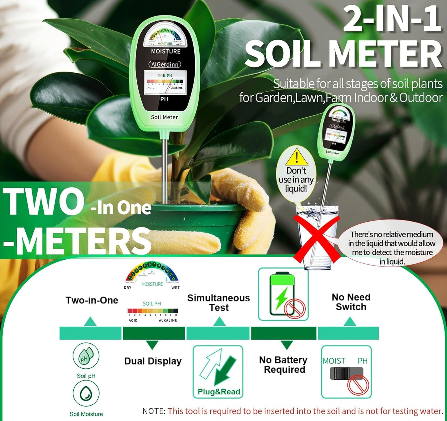 2-in-1 Soil Test Kit, Soil Moisture Meter, Soil pH Tester-Dual Dial-Simultaneously-Display Results-Soil pH Meter, Moisture Meter for House Plants,Lawn,Garden,Farm Indoor&Outdoor-BabyGreen