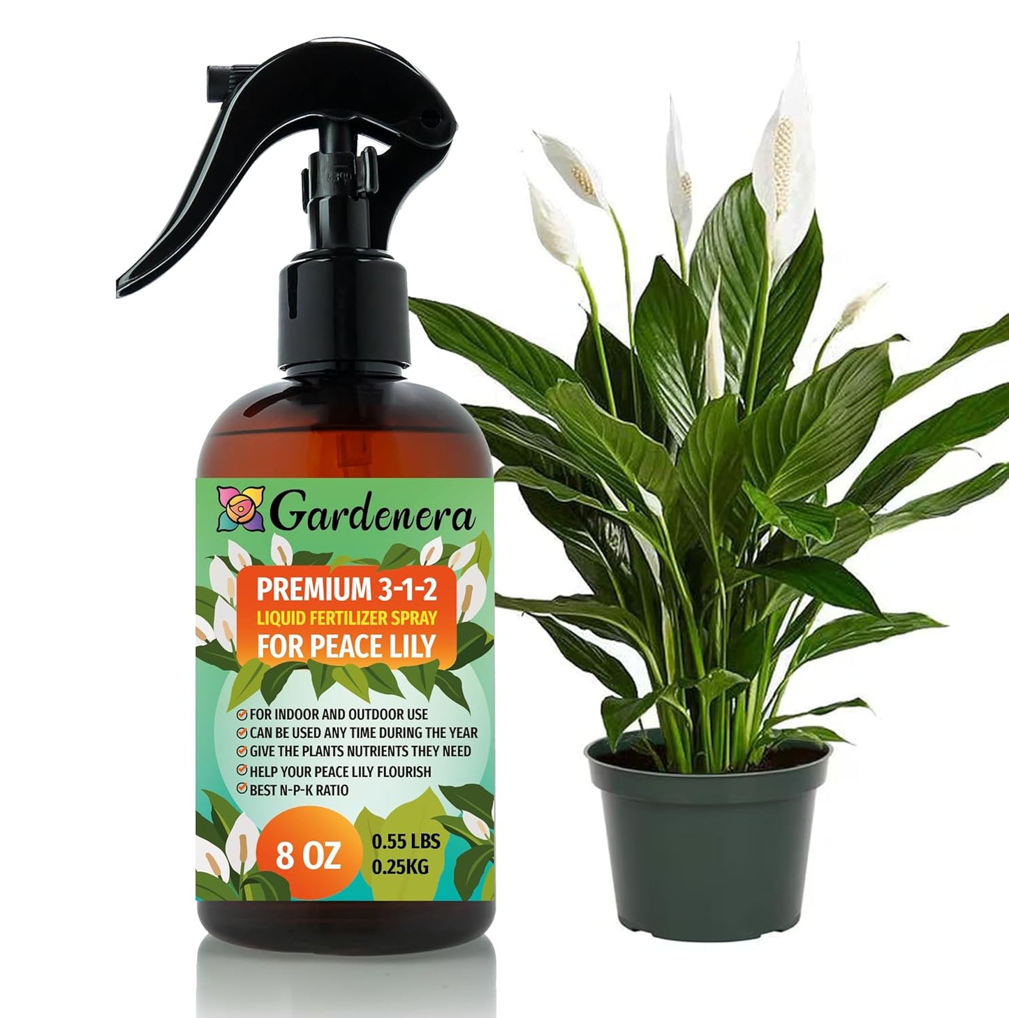 Proffesional Peace Lily Spray Fertilizer Mist for Home Gardening | 3-1-2 Gentle Blend Mist for Healthy Leaves & Growth | Essential Nutrients for Peace Lily - 8oz