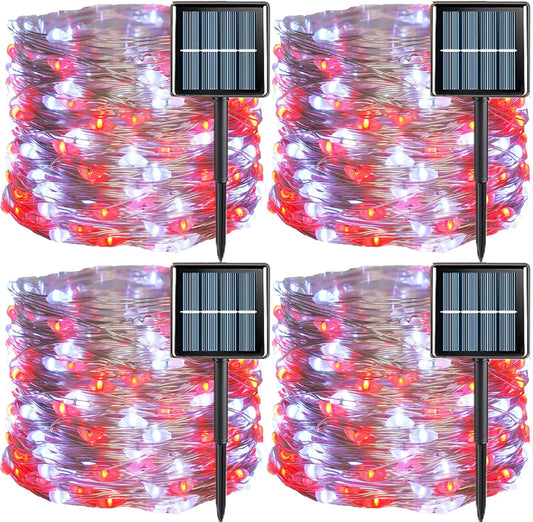YEGUO Solar Fairy Lights Outdoor Waterproof, 4 Pack Each 33ft 100 LED String Lights, 8 Modes Silver Wire Solar Outdoor Lights (Red and White)