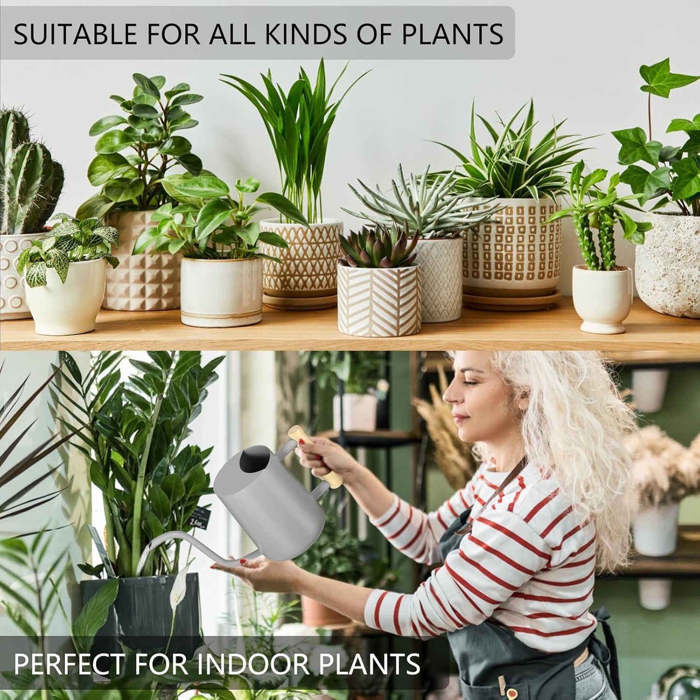 Watering Can Indoor Plants, 35oz Small Indoor Stainless Steel Metal Watering Can Modern Decorative Watering Pot with Long Spout for Indoor House Plant Bonsai Garden Flowers (Gray)