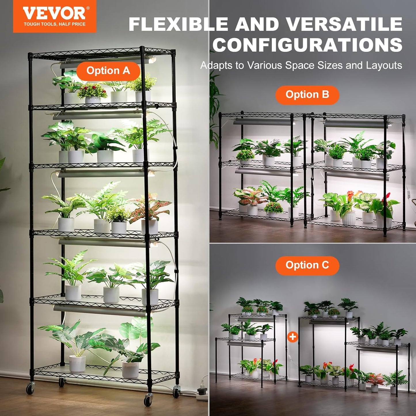 VEVOR DIY Plant Stand with Grow Light, 6-Tier Large Tall Plant Shelf with 192W 5000K Full Spectrum Grow Lights, Indoor Grow Light Shelf with Wheels for Seed Starting 29.5" L x 13.8" W x 70.9" H