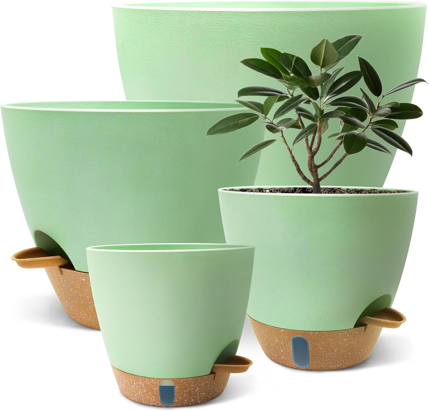 12/10/9/8 inch Self Watering Pots with Visual Water Window, Extra Large Self Watering Plant Pot with Drainage Holes and Saucers, Green Flower Pots for Indoor Plants