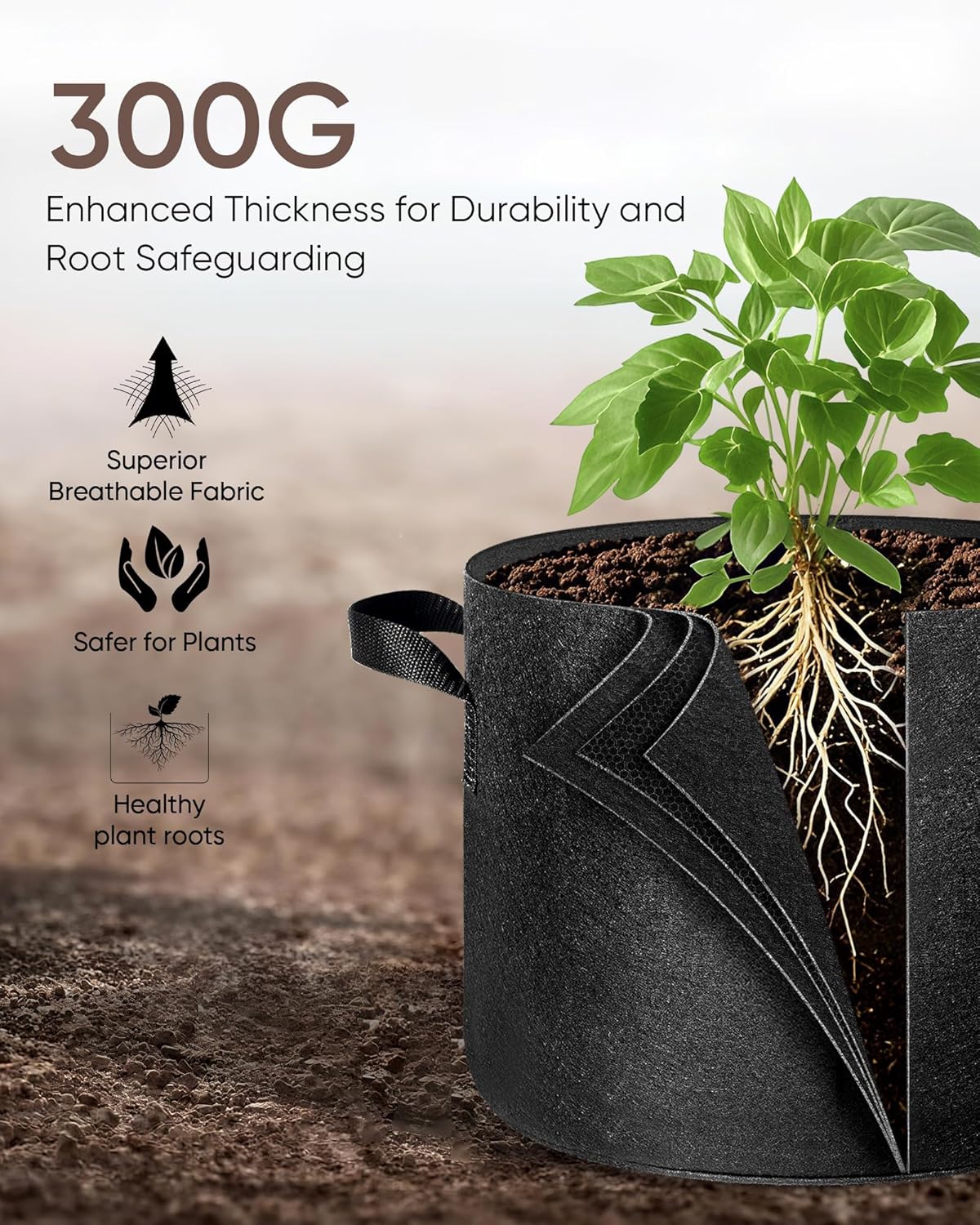The Growing 5 Pack 2 Gallon Fabric Grow Bags，Thickened Aeration Nonwoven Fabric Plant Pots with Durable Handles,Heavy Duty 300G Planter Pot for Tomato, Fruits, Vegetables and Flowers, Black