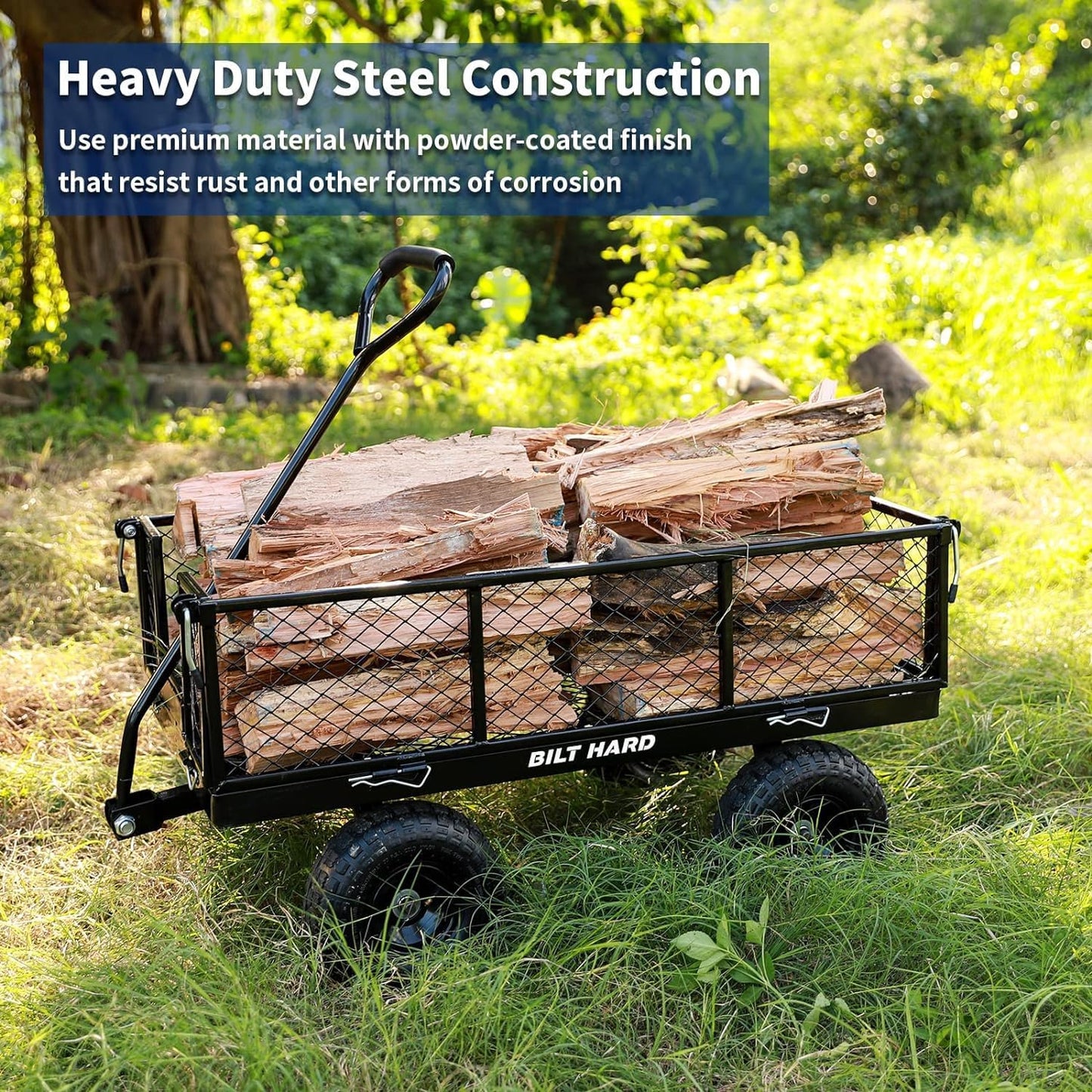 BILT HARD 10" Flat Free Tires Heavy Duty Garden Cart with 180° Rotating Handle and Removable Sides, 4 Cu.Ft 400 lbs Capacity Utility Steel Wagons for Outdoor