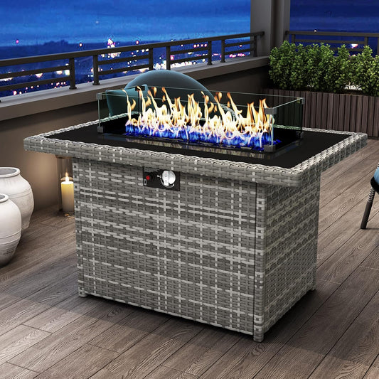 44 Inch Propane Gas Fire Pits Table for Outside Patio, 60000 BTU Rectangular Outdoor Wicker Rattan Fire Pit with Glass Wind Guard