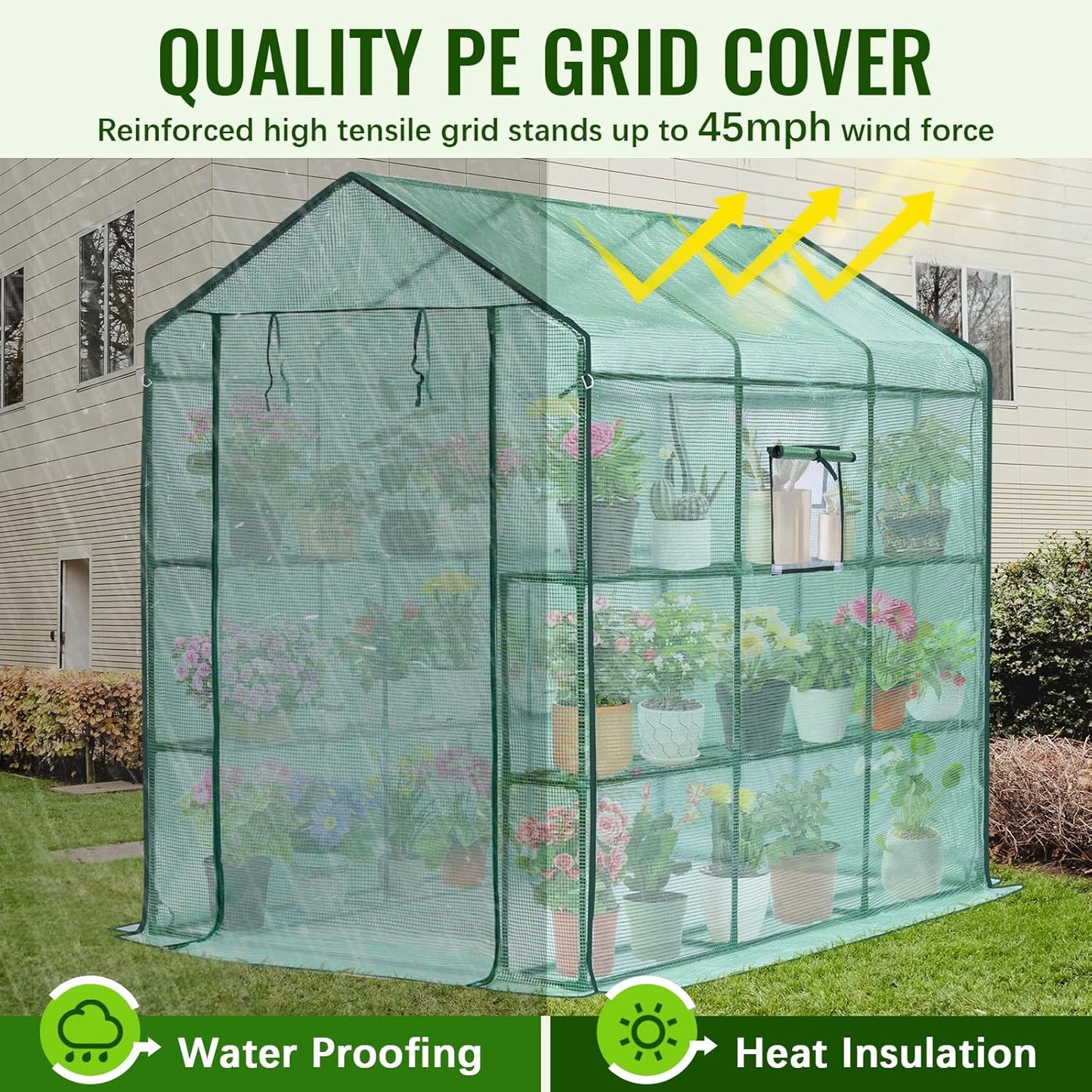 Greengro Greenhouse, 57 x 85 x 76'' Greenhouses for Outdoors, Portable Greenhouse Kit with Mesh Side Windows, PE Cover, 8 Shelves, Heavy Duty Walk in Green House for Backyard Garden Indoor Outside