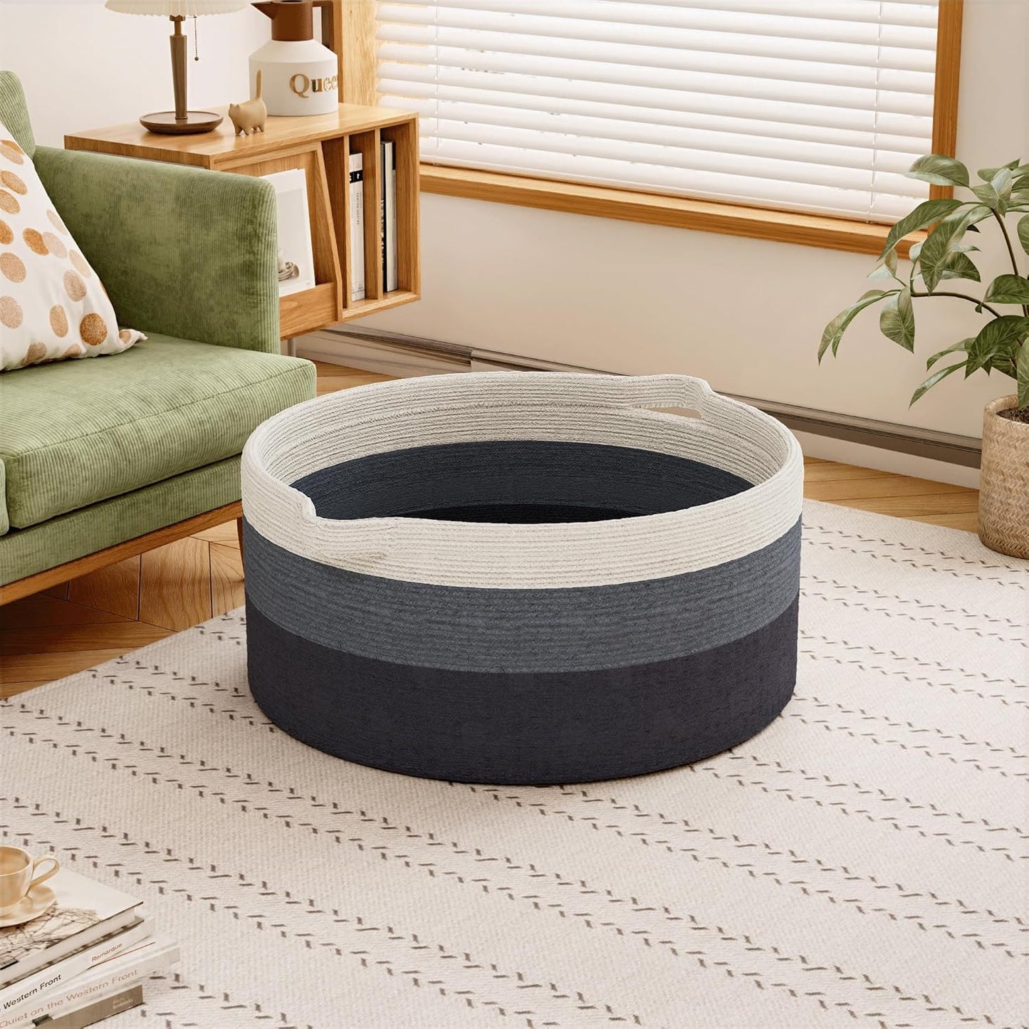 125L Extra Large Blanket Basket, 25" x 16", Jumbo Laundry Woven Basket Decorative Home, Cotton Rope Basket with Handles, Baby Toy Basket for Storage, Gradual Blue