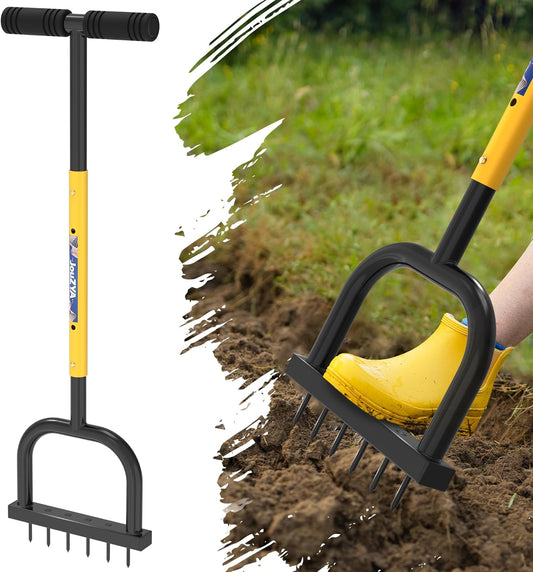 Lawn Aerator Tool, Lawn Aerator with six 6mm Extra-Large Spikes, Clears Leaves and Dirt, Metal Hand Aerator for loosening Soil, aerates Patio and Garden