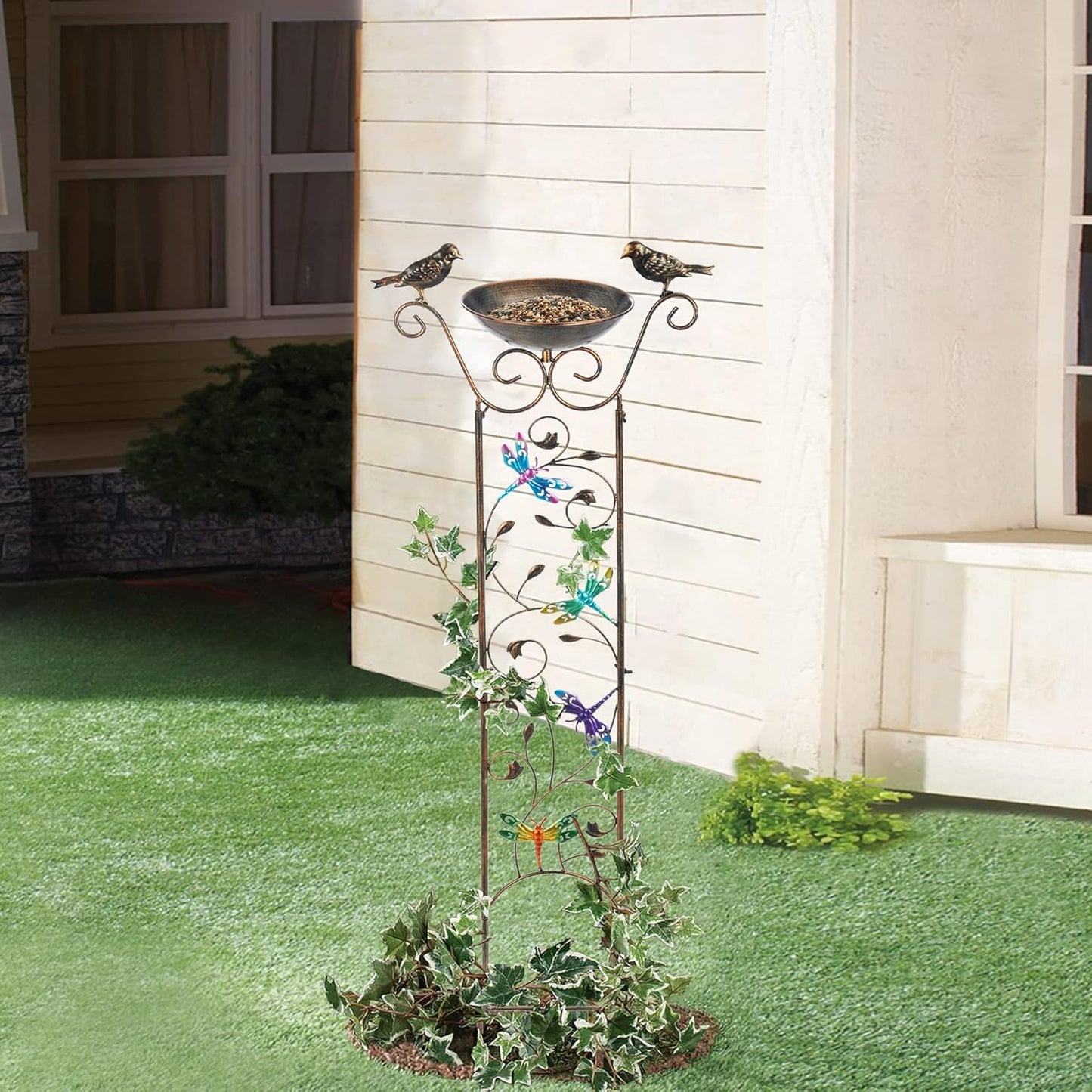 SUNNYPARK Bird Bath with Trellis Outdoor, Antique Garden Iron Plant Trellis with Decorative Dragonfly Detachable Bird Bath Bowl Metal Potted Plant Support for Climbing Flowers