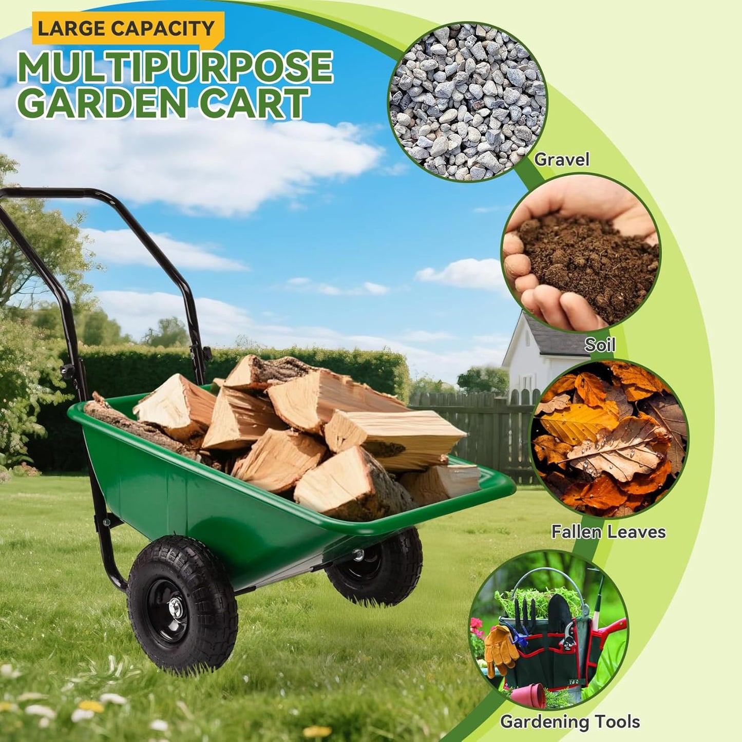 Folding Dual-Wheel Wheelbarrow,Heavy-Duty 330 LB Garden cart,10 inch Air-Filled Tires,Home Garden Yard Utility for Outdoor Lawn Yard Farm Ranch(Green)