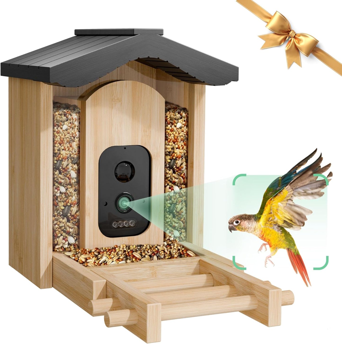 Bird Feeder with Camera, Smart Bird Feeder for Outdoors, Wild Birds Feeders with Solar Panel Bamboo Birds House Camera for Birdlovers, AI Auto Capture Birds & Real-time Notification (Gable)