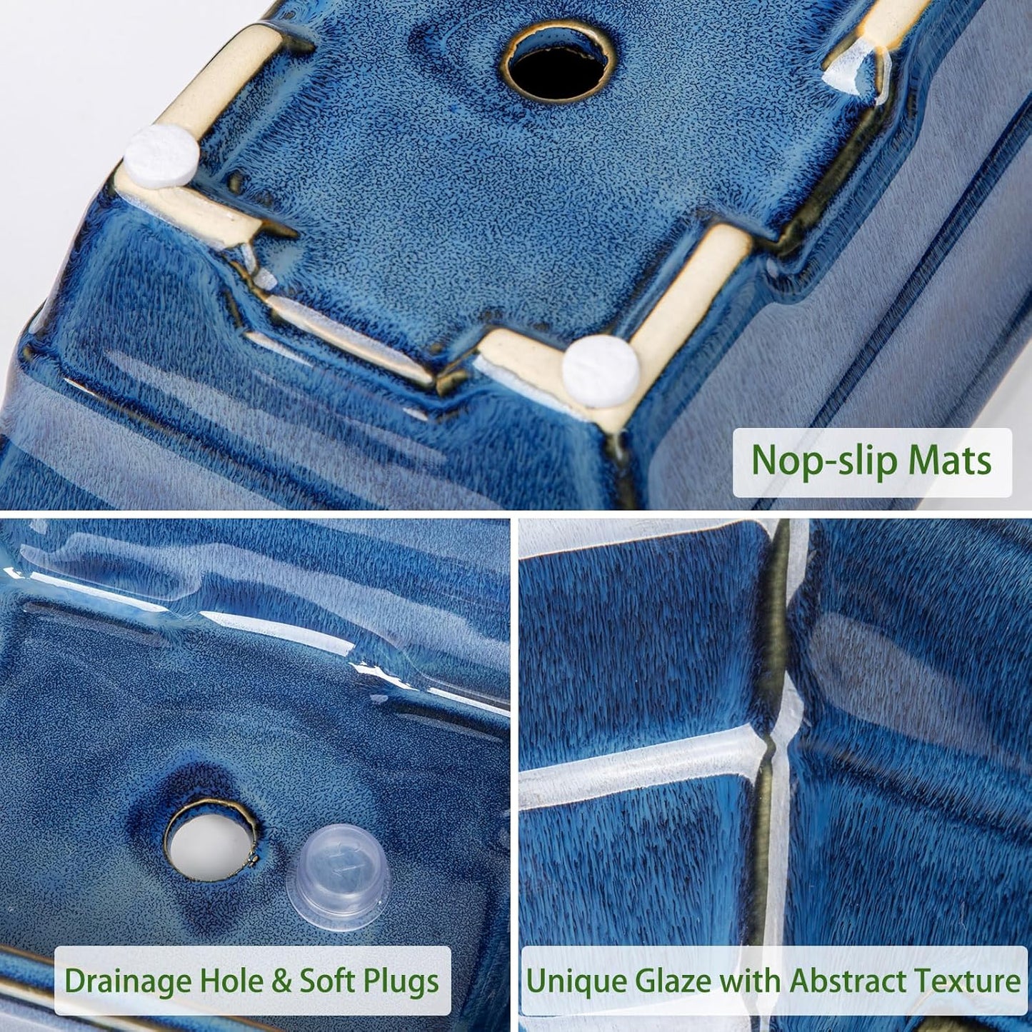 Set of 2 Large Blue Glazed Ceramic Bonsai Pots, 10" Rectangular Bonsai Planters Pots with Drainage Hole for Indoor/Outdoor Plants, Bonzie Tree Pot for Succulents, Cacti, Orchids, Herbs, Spider Plants