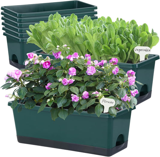 Window Box Planter 8 Pcs, 17 Inches Rectangle Flower Pots with Drainage Holes and Trays, Vegetable Planters for Windowsill Patio Garden Balcony Home Porch Yard Indoor Outdoor (Dark Green)