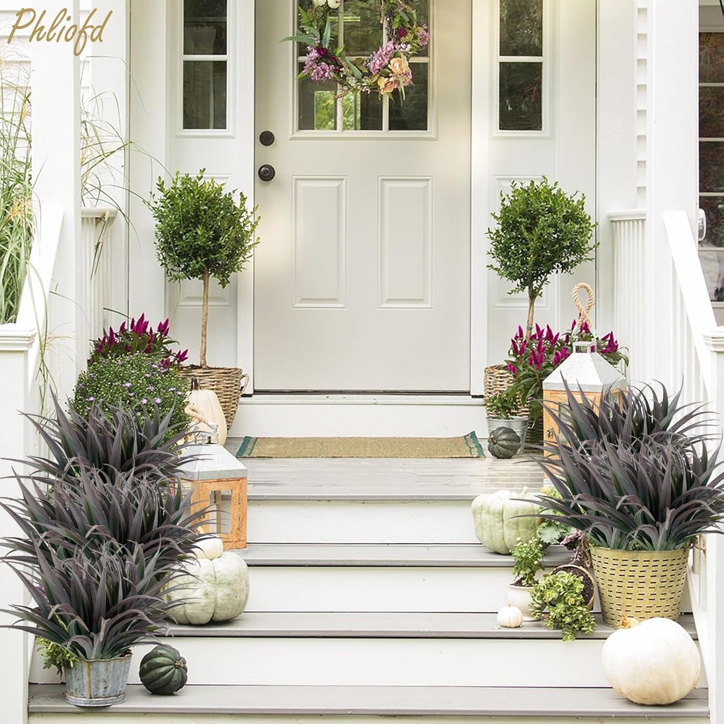 6Pcs Artificial Grass Fake Plants 17.3in Outdoor Plants UV Resistant Faux Greenery Stems Fake Grass for Home Window Garden Office Patio Pathway Front Porch Halloween Décor Green & Black