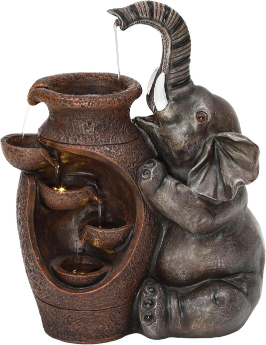Elephant Outdoor Water Fountain with LED Lights and Pump, 18.9" Tall Resin Garden Waterfall Feature for Patio, Porch, Yard