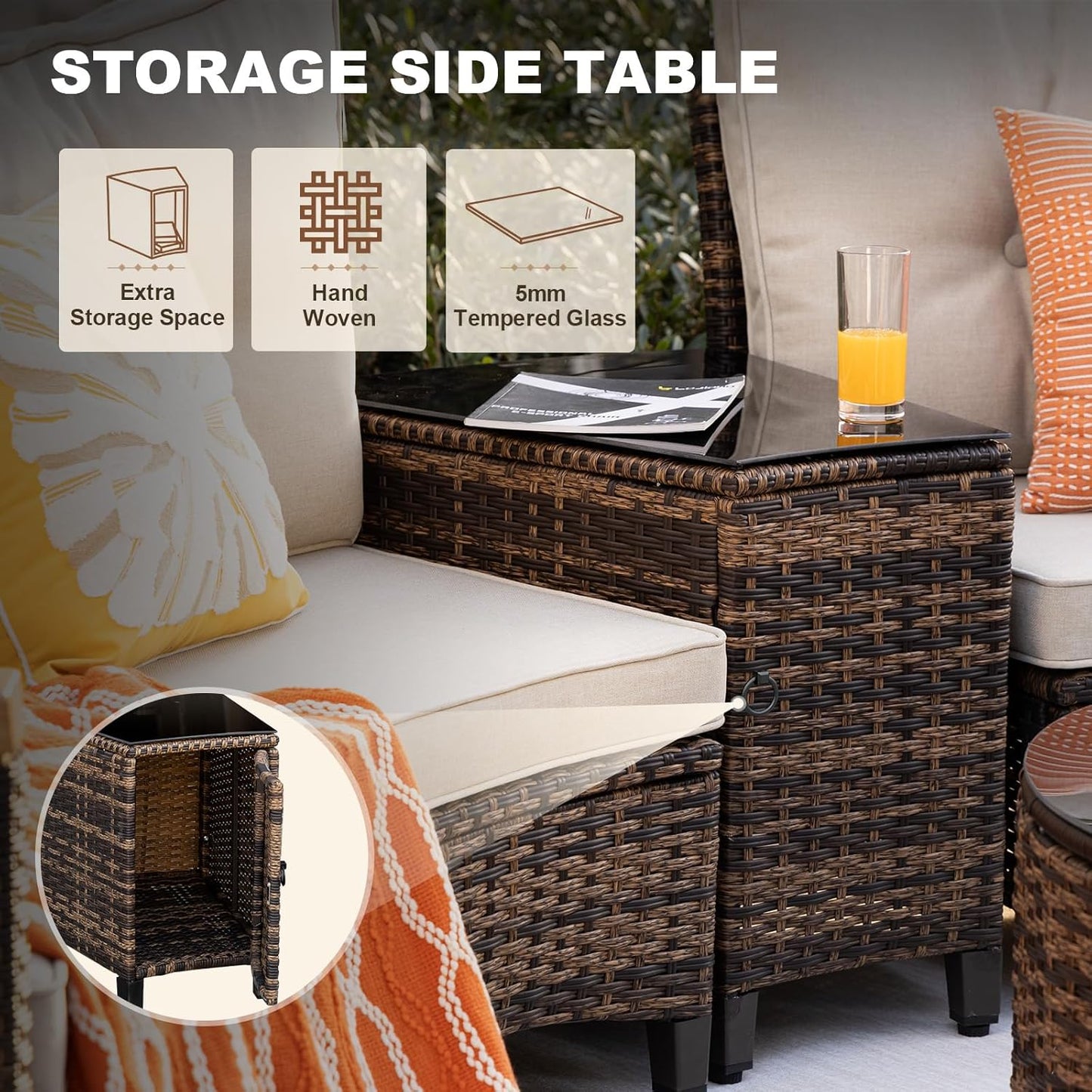 6 Piece Outdoor Patio Furniture Set, Half-Moon Curved Sectional Set with Wood Armrests, Patio Conversation Set, Tempered Glass Coffee & Side Tables (Brown)