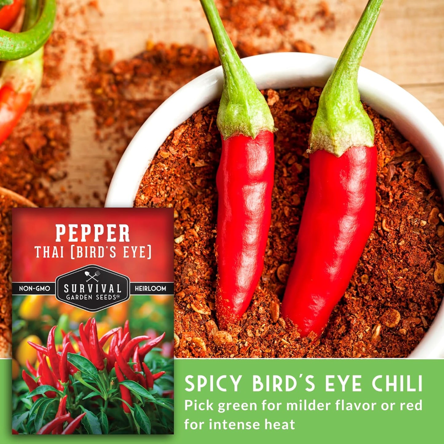 Thai Chili Pepper Seeds for Planting | Heirloom Bird’s Eye Hot Variety – Non-GMO Seeds for Spicy Cooking & Containers – Survival Garden Seeds (2 Packs)