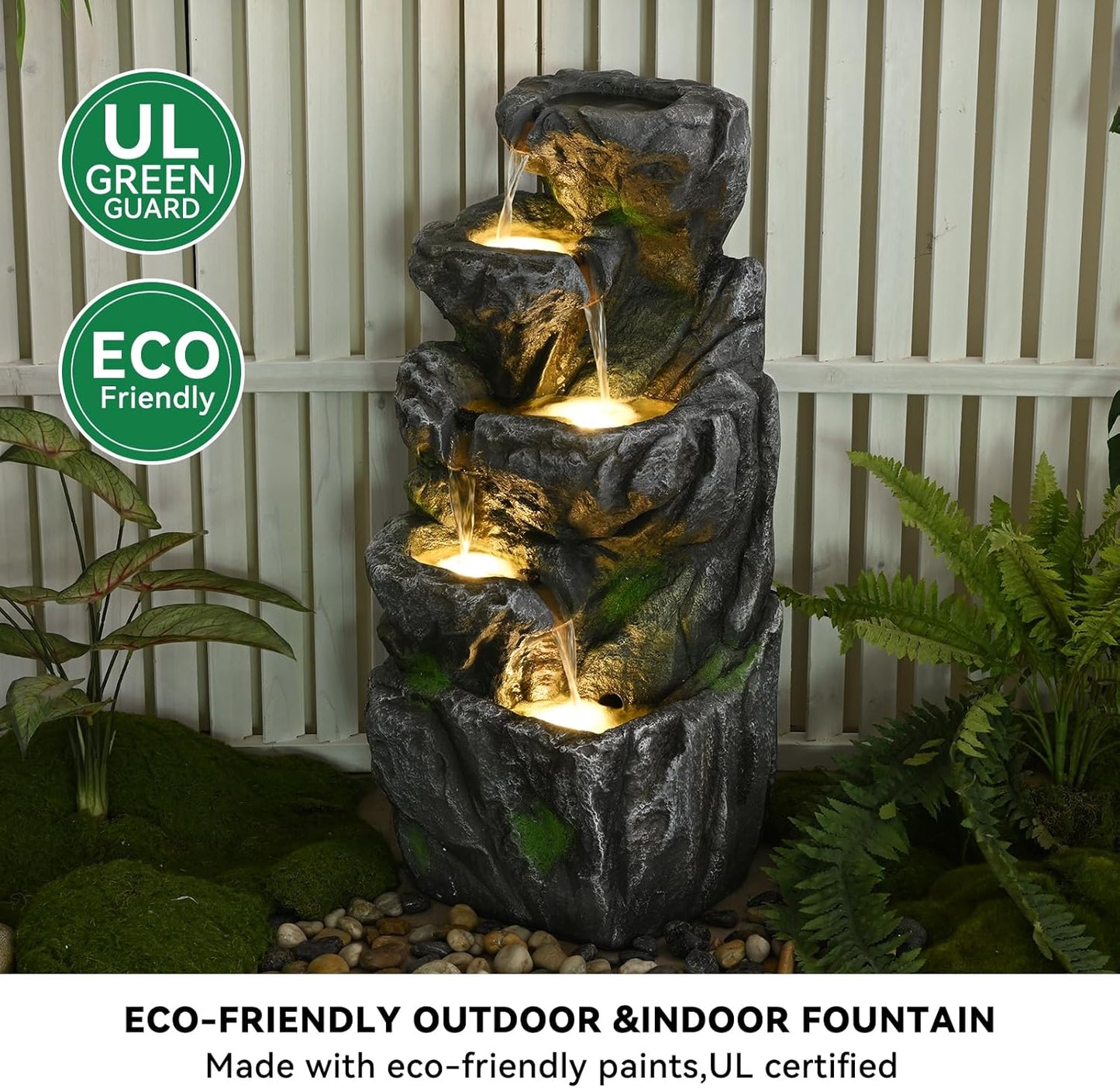 Water Fountain Outdoor 31.59" H Cascading Rock 5-Tier with LED Lights Waterfall for Garden, Landscaping, Patio, Backyard, Balconies, Lawns, Porch and Home Art Decor Living Space