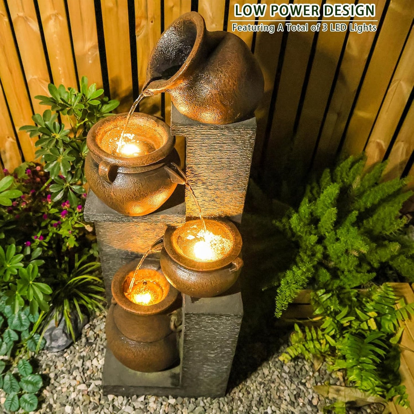 53" H Large Outdoor Water Fountain with Lights - 4 Tiered Cascading Bowls Waterfall Fountain for Garden, Patio, Backyard, Porch Inside - Freestanding Outdoor Water Feature Gold