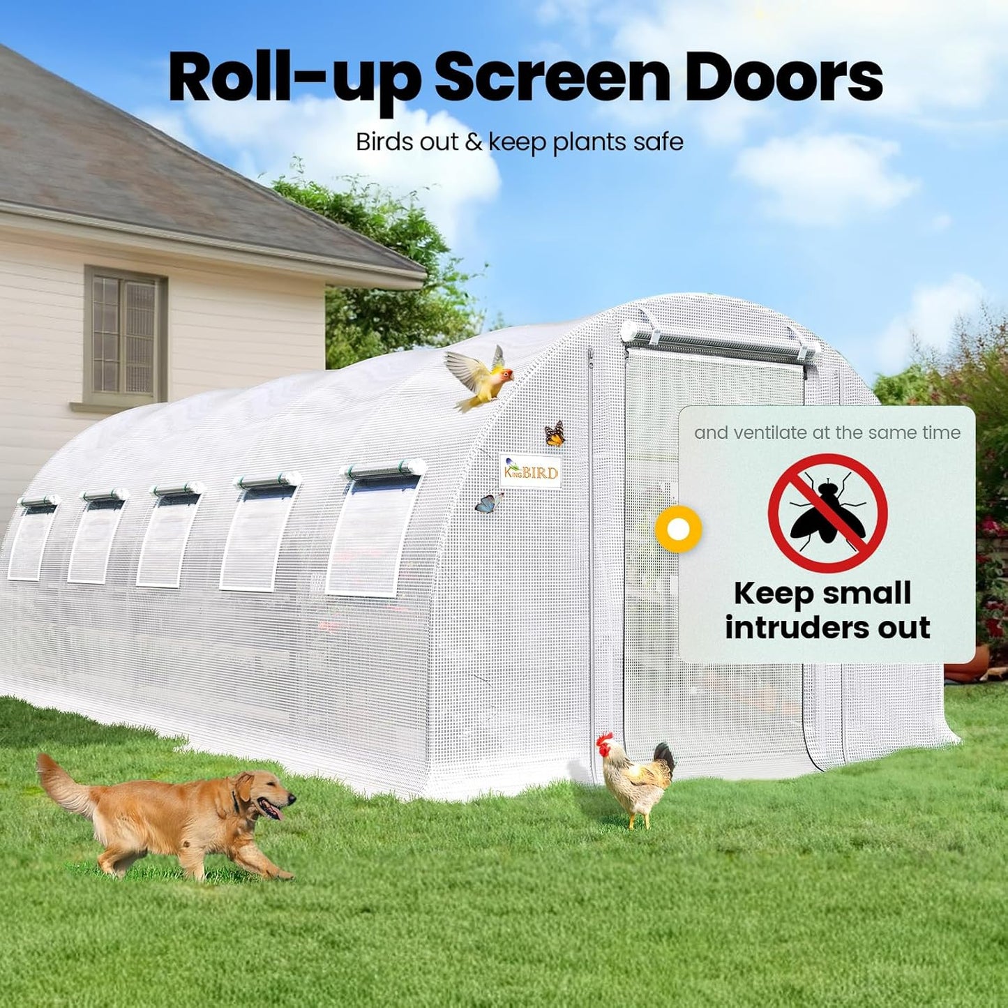 KING BIRD Premium 25x10x6.6FT Greenhouse for Outdoors, Large Walk-in Heavy Duty Galvanized Steel Frame, Mesh Door Screen Window Upgraded Zipper Tunnel Hoop for Garden Plant Winter, White