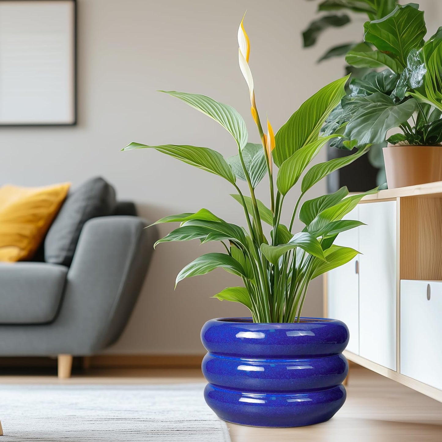 SQOWL Ceramic Plant Pot 13.5 Inch - Large Planter for Outdoor Plants Round Indoor Flower Pot with Drainage Hole Decorative Planter Modern Home Decor Blue