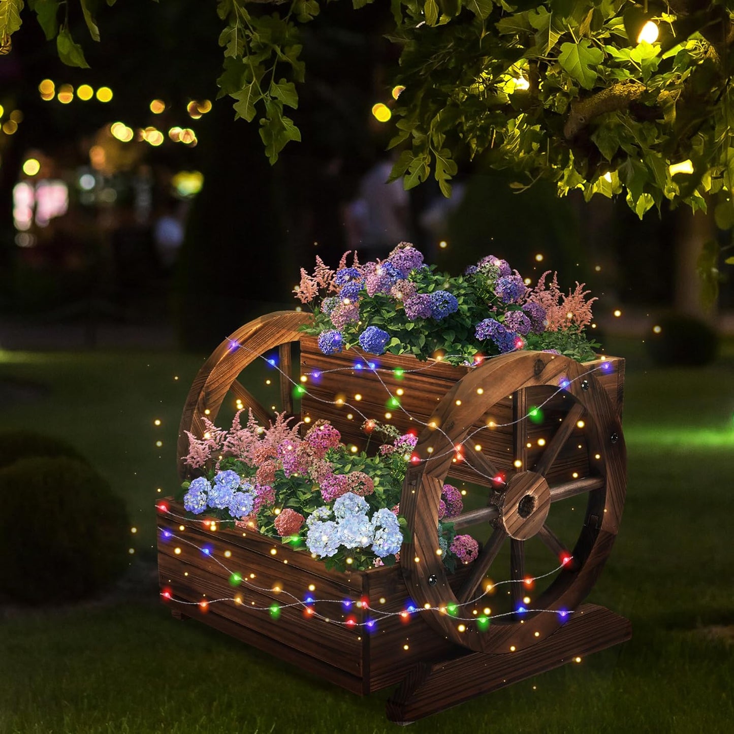 Wooden Wagon Planter Box with Solar Light, Garden Planter with Wheels,Decorative for Flowers Herbs Vegetables for Indoor & Outdoor Decor,Wooden Flower Cart for Patio Garden Balcony