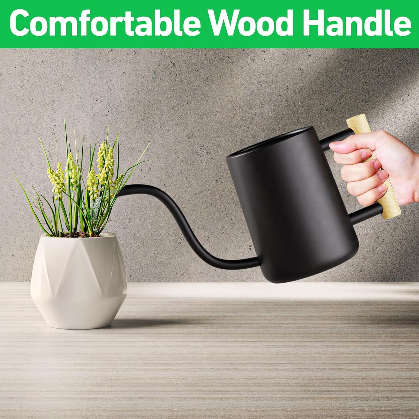 35 Ounce Metal Small Indoor Watering Can with Long Spout & Real Wood Handle for House Plants, Succulents, Cacti & Seedlings - Black Long Spout Watering Can Indoor Plants - Gentle Flow & No Spills