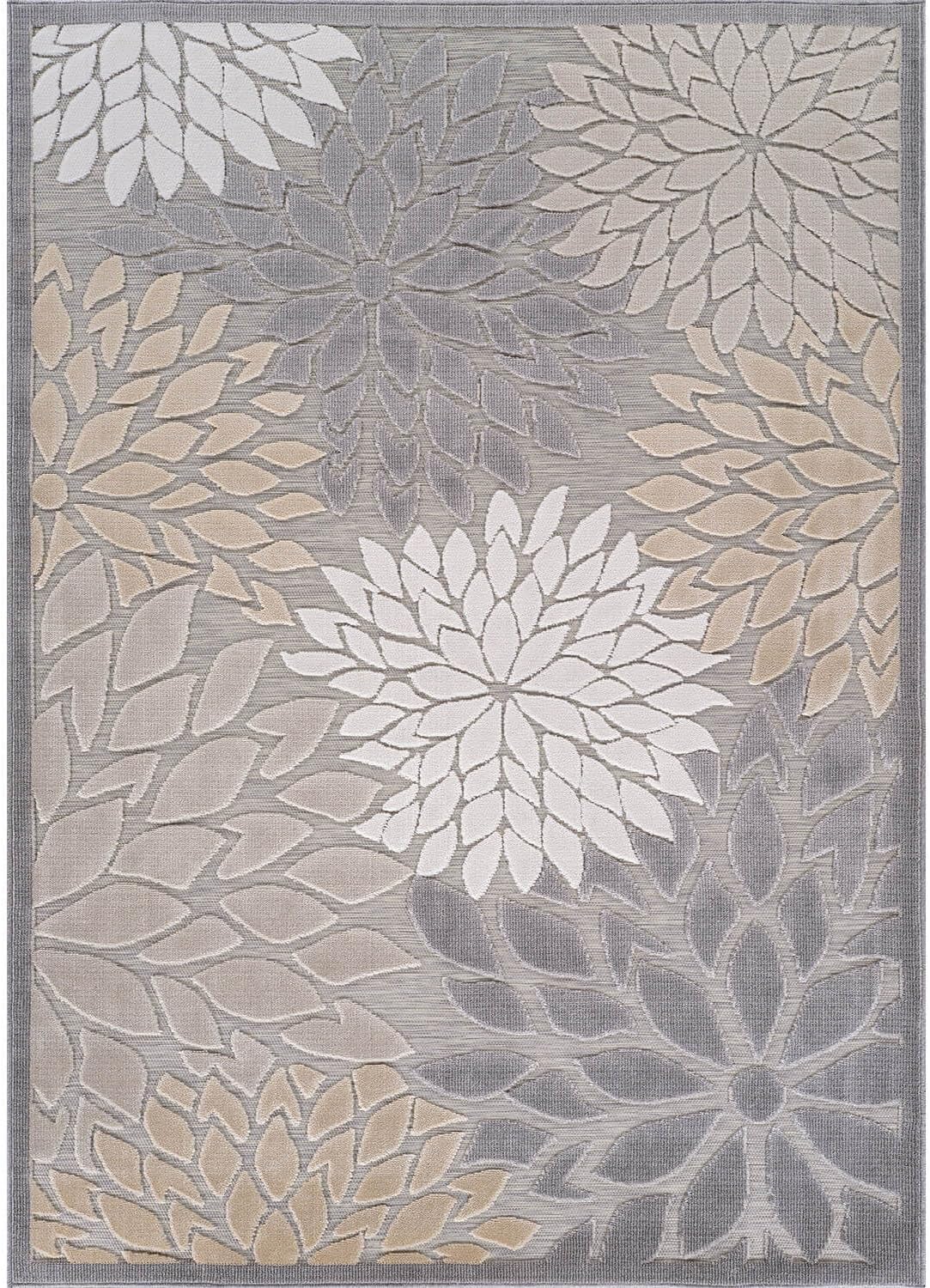 Beverly Rug Outdoor Rug 6x9 Modern Floral Tropical Area Rugs for Indoor and Outdoor Patio Easy to Clean Non Shedding Living Room Porch Garden Washable Outside Carpet (6 x 9 Gray)