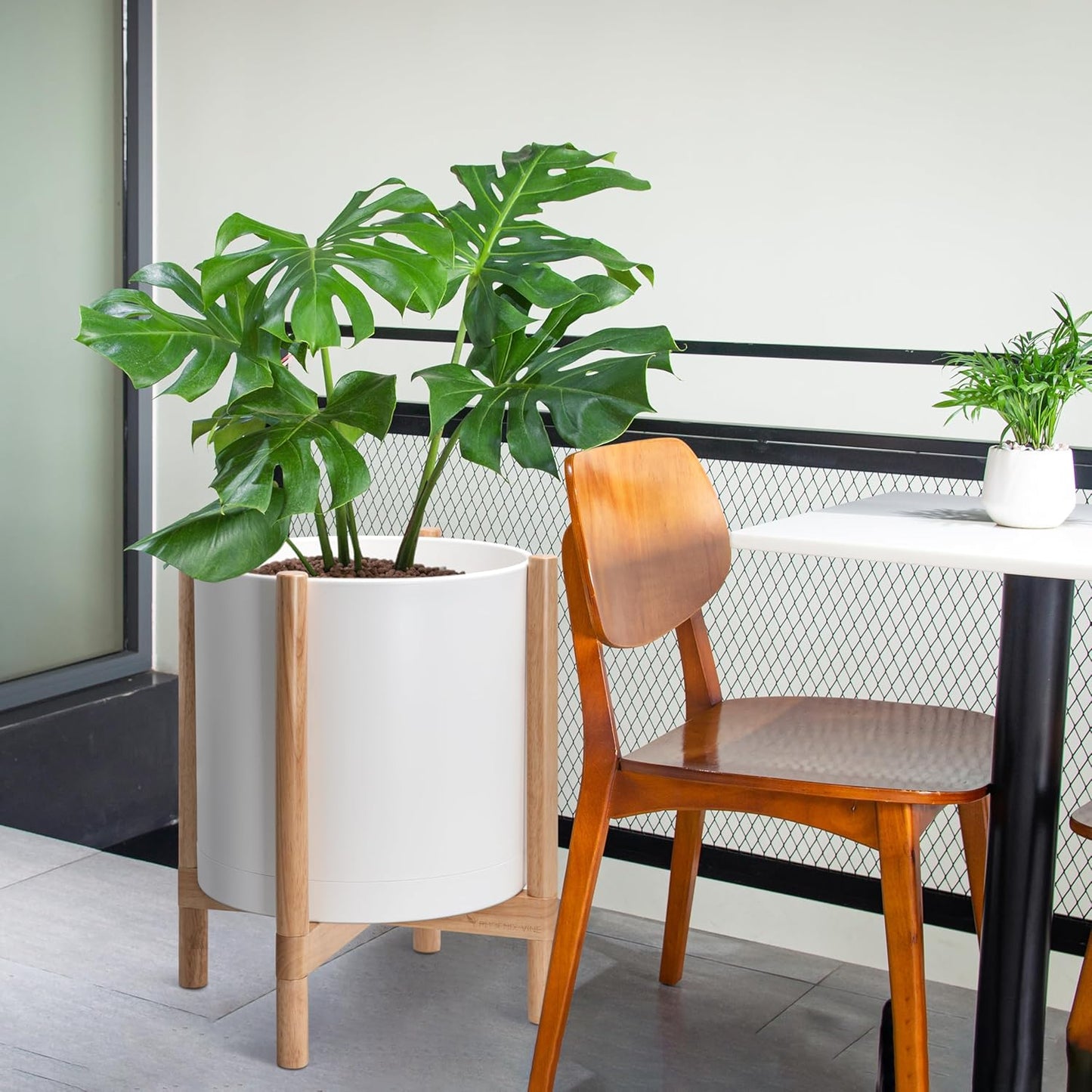 D'vine Dev Planter Pot with Stand - 16 Inch Plastic Cylinder Flower Pot with Wood Planter Holder for Indoor, Matte White Pot + Natural Stand, 55-C-Y-1