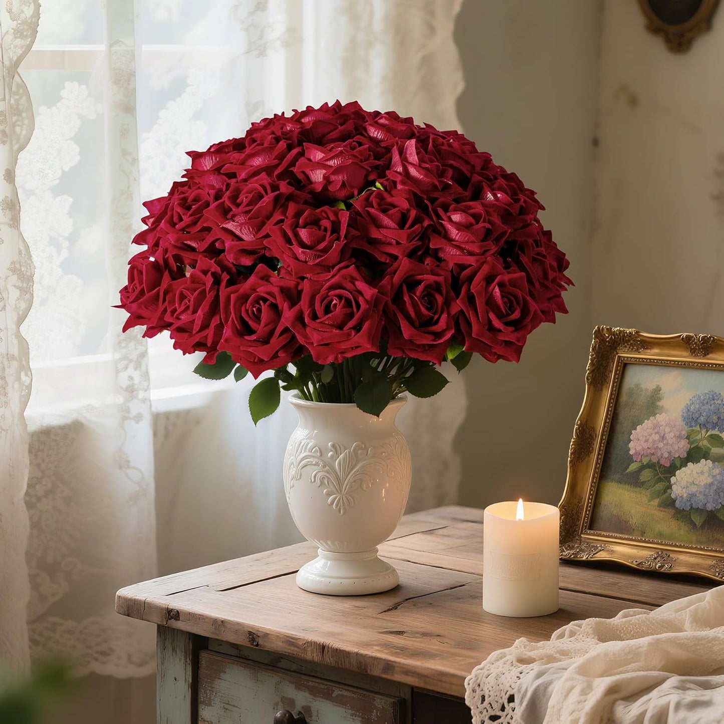 Fake Roses Faux Flowers Silk Roses Artificial Roses with Stems Realistic Artificial Flowers Suitable for Indoor Home Decoration DIY Bouquet Wedding Decor Party Decor 16.5In (Red, 36PCS)