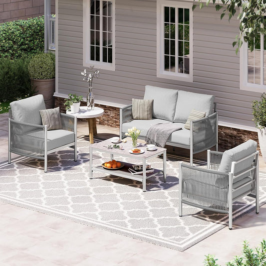 Aluminum Outdoor Patio Furniture Set, HDPE Rope 4 Piece Modern Sectional Conversation Sets with Dual-Layer Coffee Table, All Weather Patio Couch Sofa with Thick Cushions, Silver Frame, Silver
