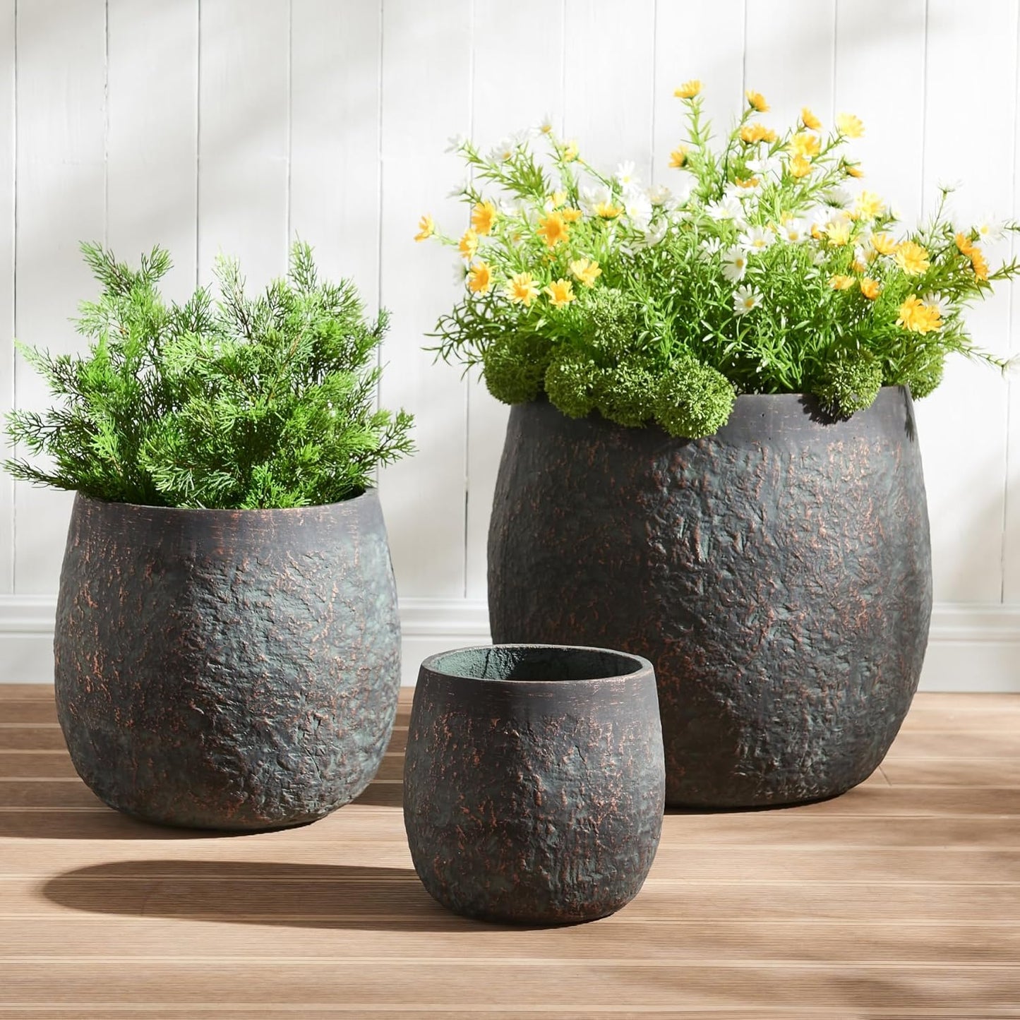 Large Outdoor Planter, 17.32"+12.99"+9.06" Dia Round Weathered Concrete Planter Set of 3, Flower Pots with Drainage Holes, Sealing Plug for Garden, Patio, Home, Office, Greenish Bronze Rust