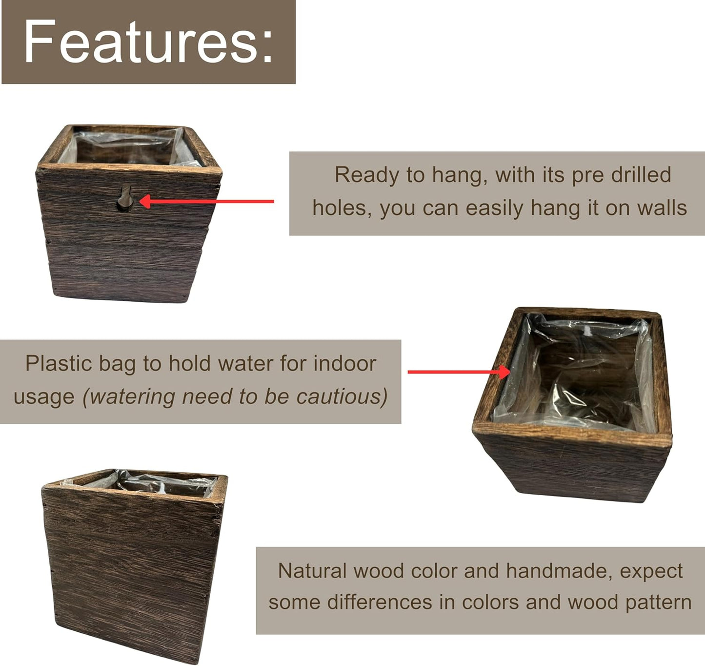 LaLaGreen Wood Planter Boxes for Indoor Plants (4x4 Inch, 6 Pack) Small Square Wall Mounted Planters Flower Pot, Herb Wooden Box Hanging Plant Holder Outdoor Balcony Vertical Garden Modern Home Decor