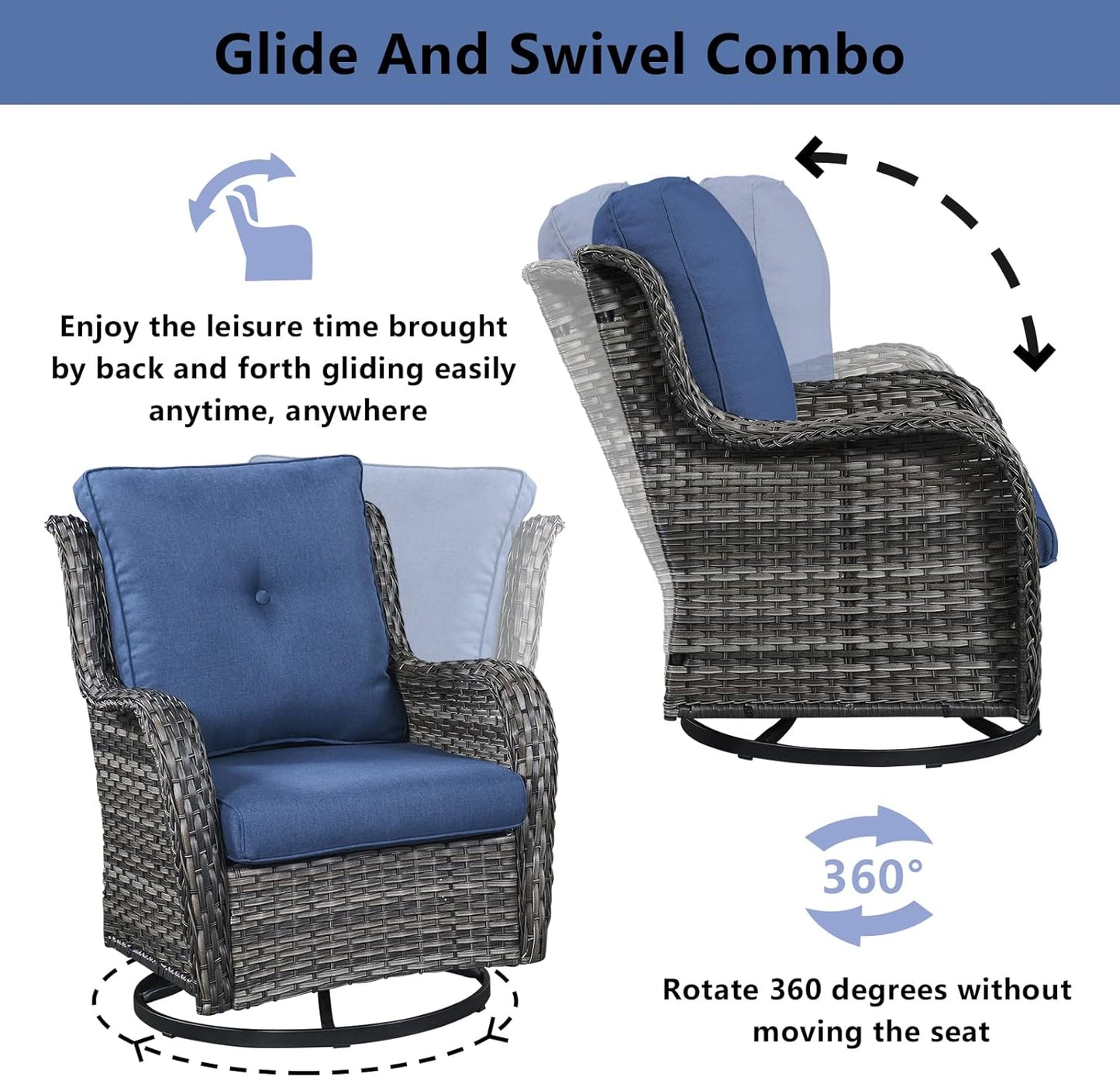 Wicker Outdoor Furniture Patio Furniture Set - 6 Piece Patio Conversation Set with Swivel Rocker Chairs, Loveseat Sofa, Ottomans and Coffee Table, Blue Cushion