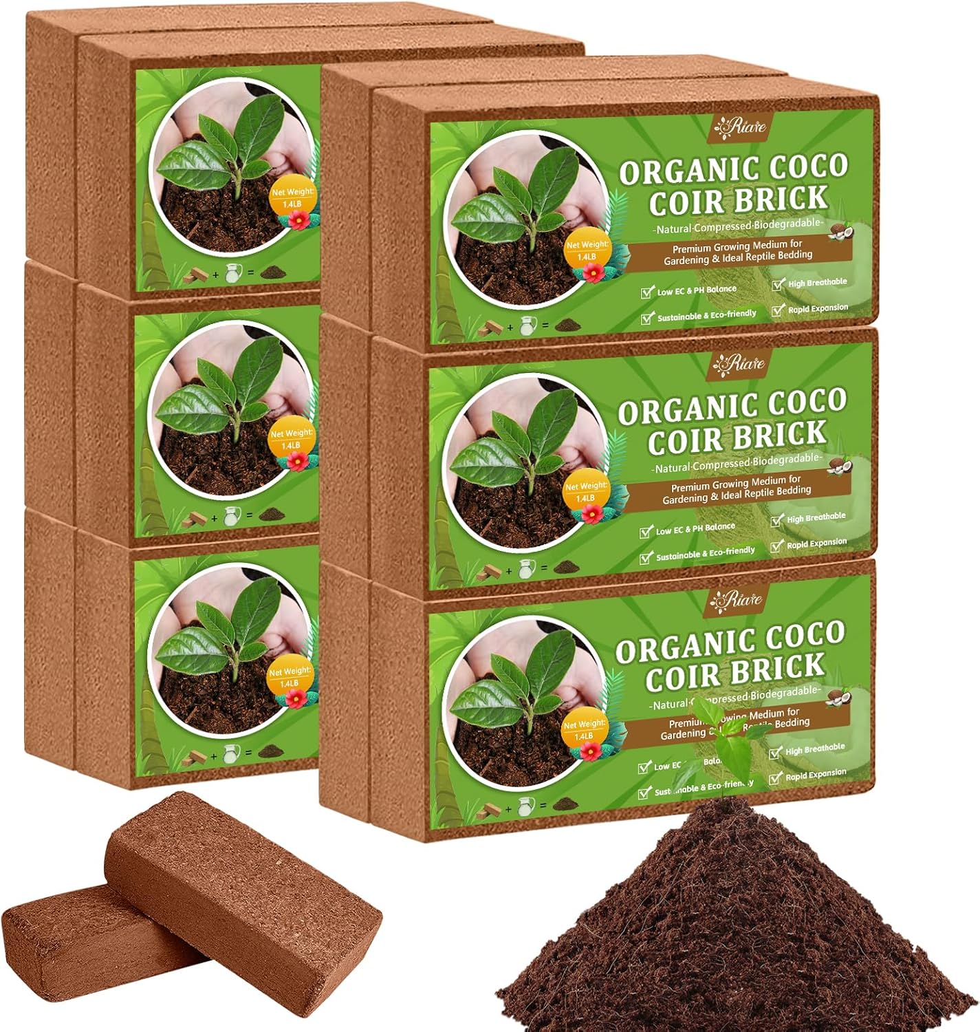 Riare 12pcs Organic Coco Coir Bricks Soil Blocks- 100% Natural Compressed Coco Peat Brick Coconut Fiber Substrate with Low EC& pH Balance, High Expansion Coco Coir Pith Coconut Husk for Garden