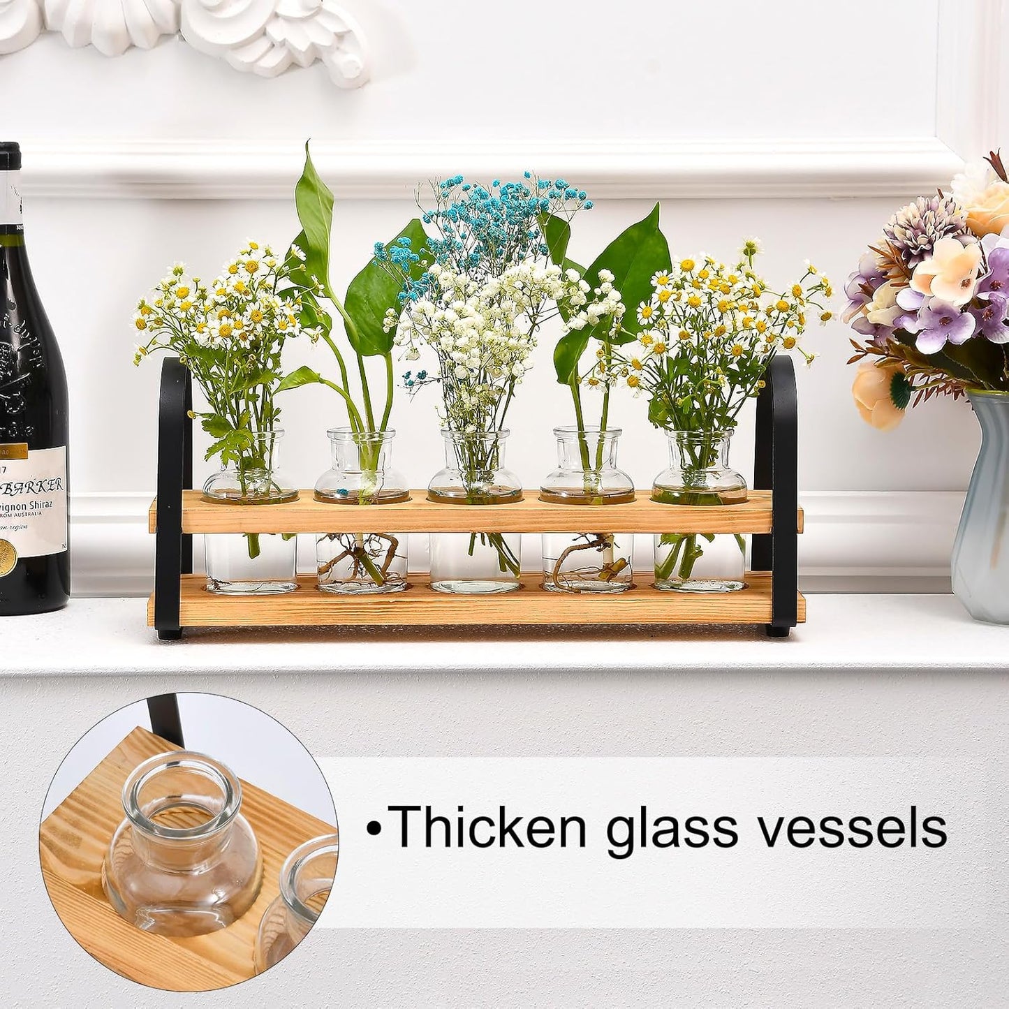 Plant Propagation Stations with Wood Stand, Desktop Plant Terrarium for Propagating Hydroponic, Flower Vase for Home Kitchen Office Decor, Plant Lover Gifts