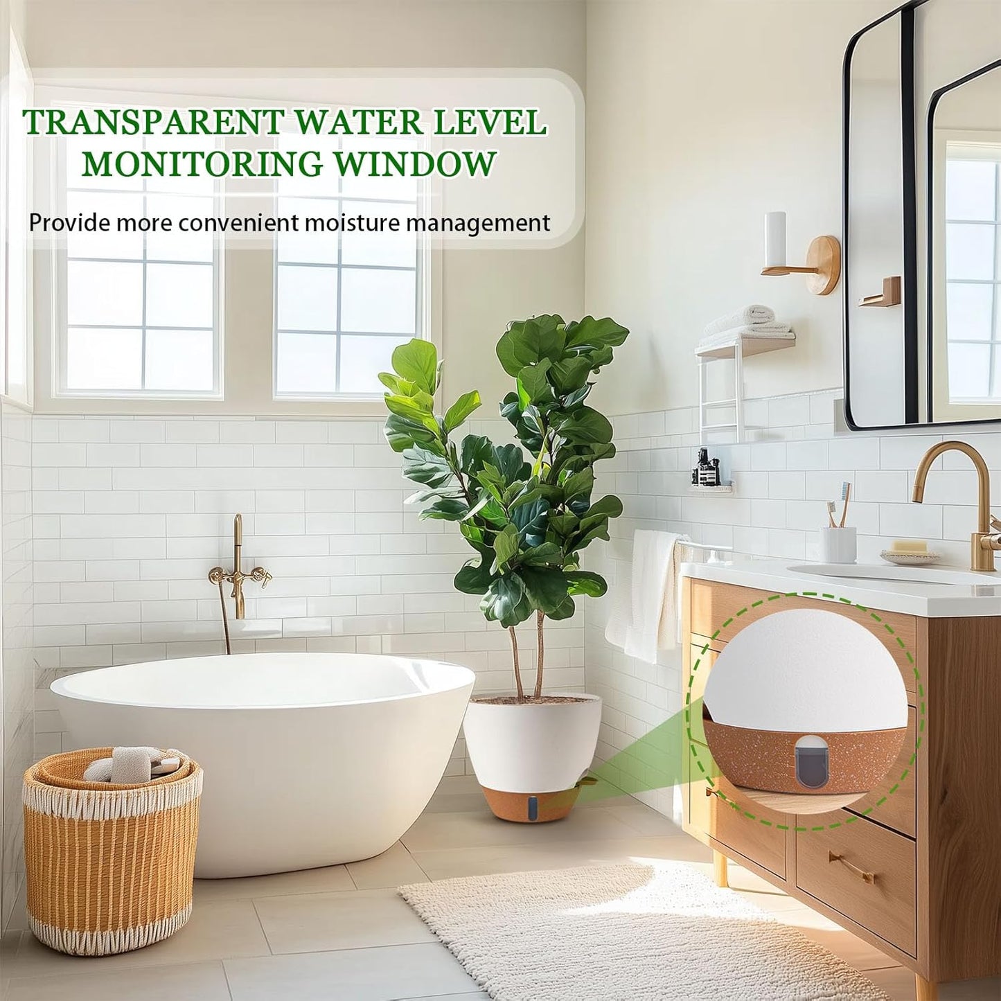 8/10/12 Inch Self Watering Pots for Indoor/Outdoor Plants - Large Plastic Planter with Drainage Holes, Water Level Indicator & Deep Reservoir, Modern Decorative Flower Pots (White)