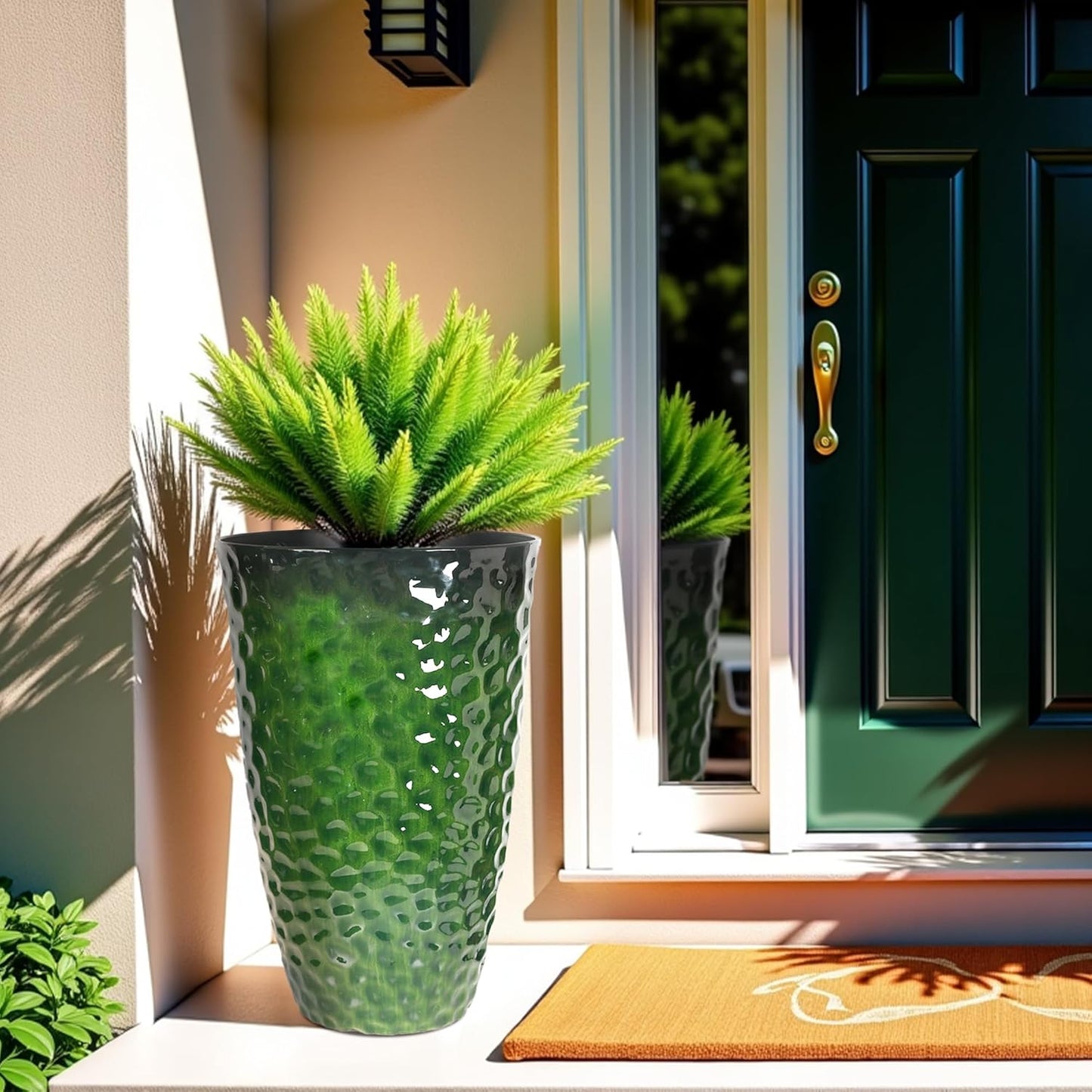 Worth Garden 14" Dia x 24" H Large Plastic Planters with Drainage Hole, Set of 2 Hammered Texture Green Glossy Smooth Finish, Tall Round Decorative Flower Plant Pot for Indoor Outdoor, Front Porch