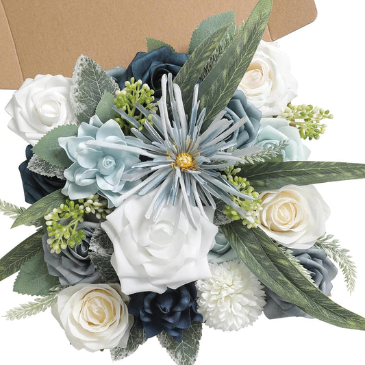 Blue White Artificial Flowers Silk Fake Roses Peonies Greenery Combo Box Set for DIY Wedding Bouquets Bridal Shower Centerpieces Floral Arrangements Party Tables Home Decoration