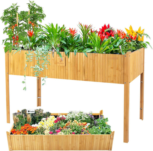 Raised Garden Bed - 2-Tier Elevated Planter Box for Herbs, Vegetables, Succulents & Flowers | 48x25x30 Inch Standing Growing Bed | Outdoor/Indoor Bamboo Planter