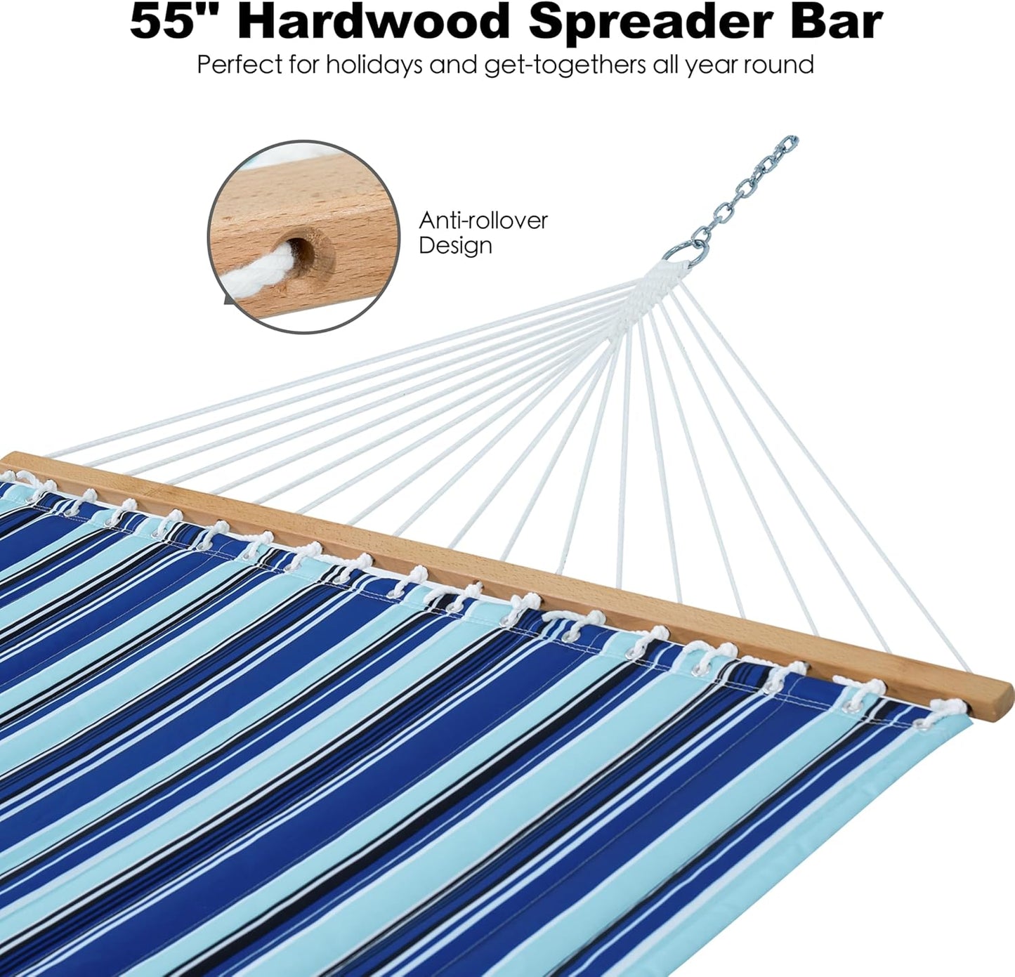 2 Person Hammocks for Outside, Double Quilted Fabric Outdoor Hammock with Spreader Bar, Large Removable Pillow, Storage Pockets, Carabiners, Max 475 lbs Capacity (Catalina Beach)