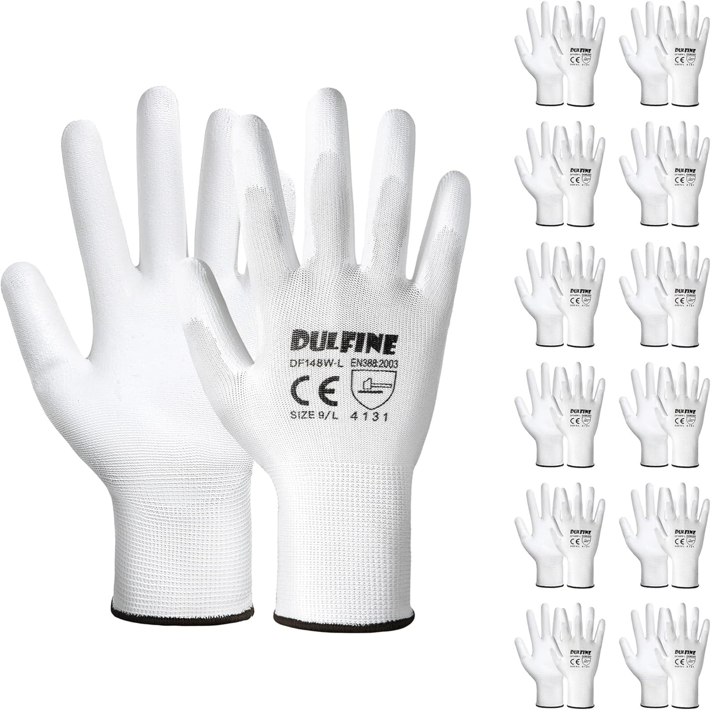 DULFINE Safety Work Gloves PU Coated-12 Pairs,White Seamless Knit Glove with Polyurethane Coated Smooth Grip on Palm & Fingers, for Men and Women, Ideal for General Duty Work (Medium)