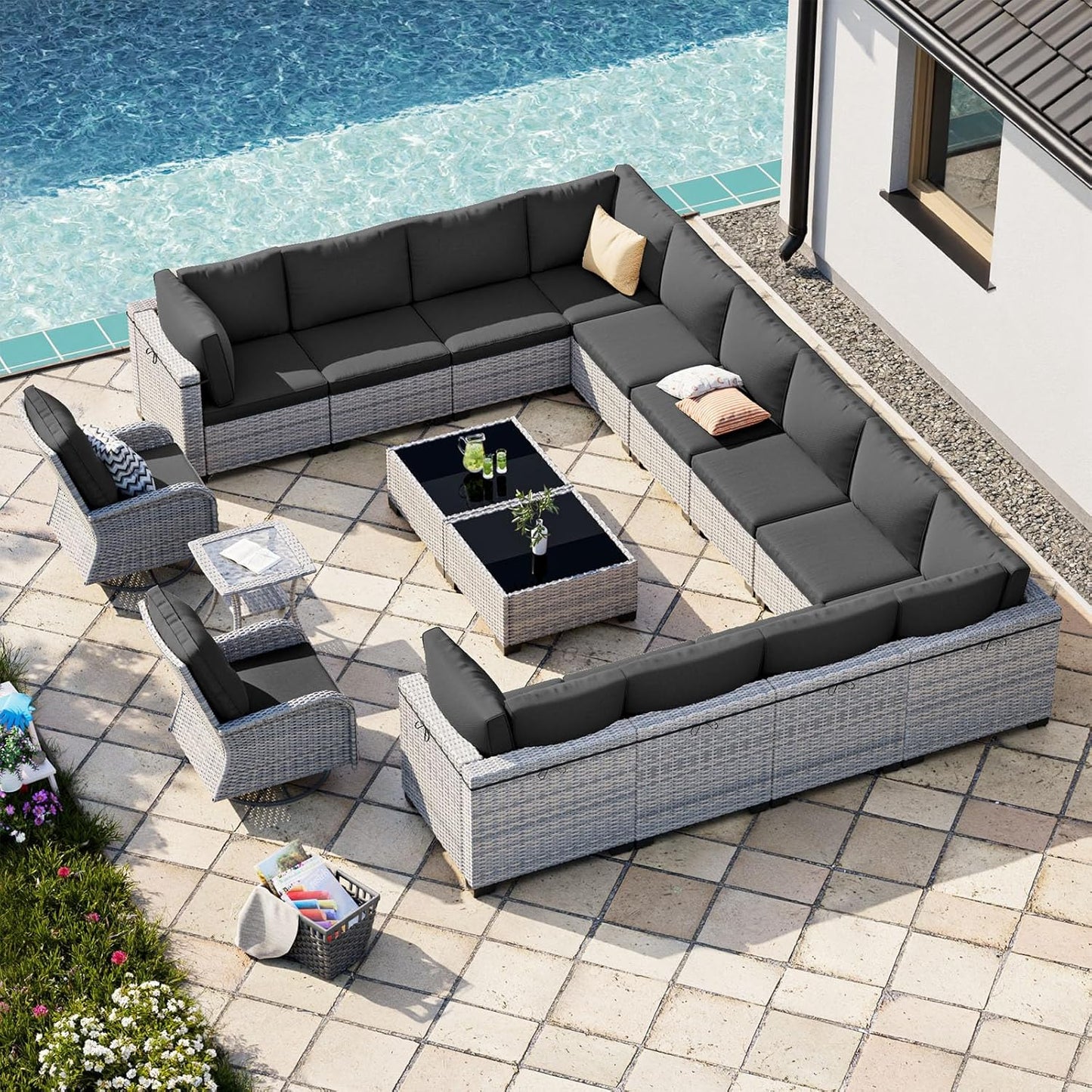 17-Piece Patio Furniture Set, Outdoor Patio Furniture with Swivel Chairs Set, Thick Cushions, Modular Patio Sofa, Dual-Strand Wicker Rattan, Rust-Resistant Frame, Black