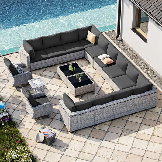 17-Piece Patio Furniture Set, Outdoor Patio Furniture with Swivel Chairs Set, Thick Cushions, Modular Patio Sofa, Dual-Strand Wicker Rattan, Rust-Resistant Frame, Black