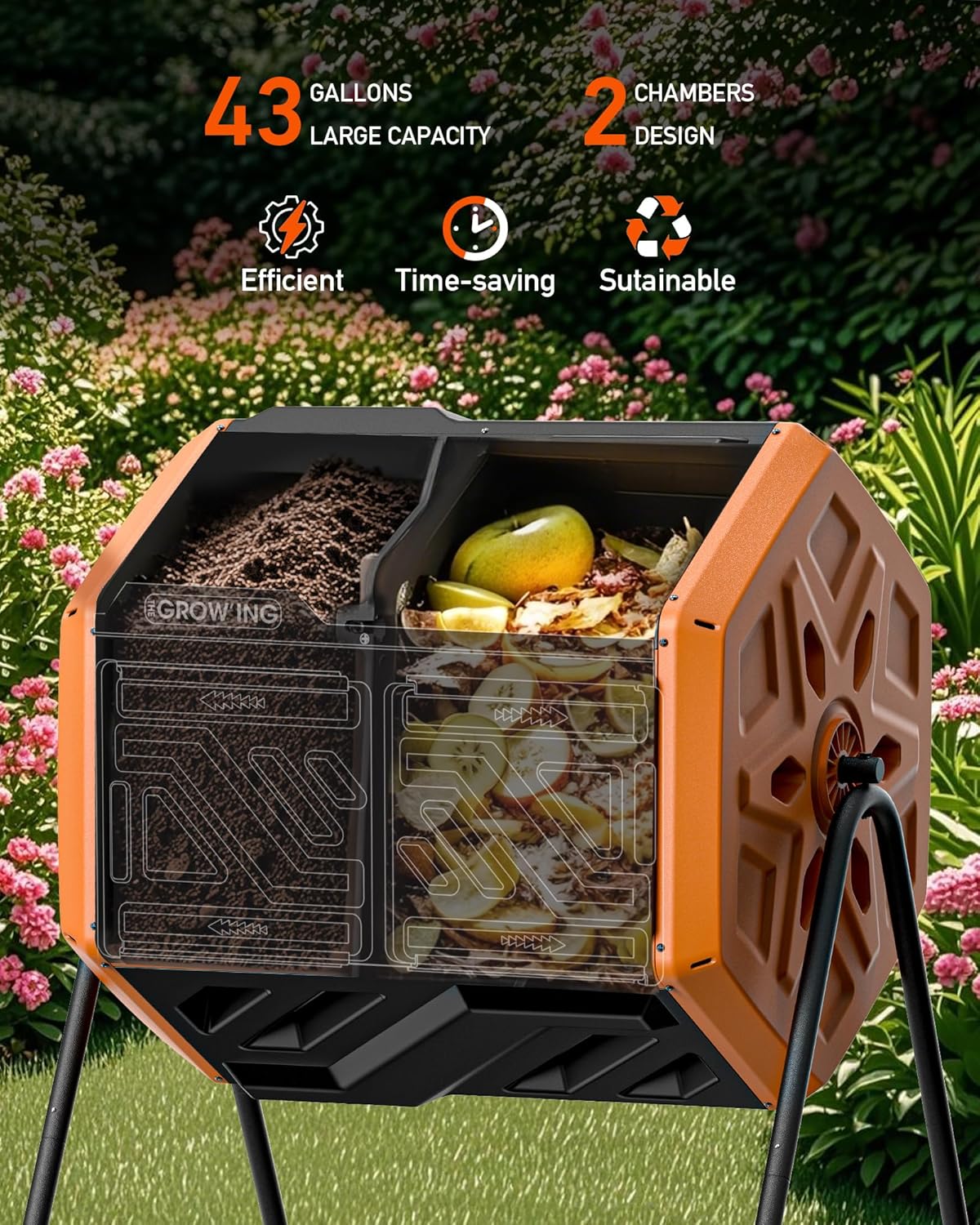 THEGROW'ING Updated 43 Gallon Compost Bin Outdoor, Fast Assemble Tumbling Composter, Dual Chamber Composter Tumbler, Rotating Compost Bin for Outside, Backyard, Garden and Yard, Orange