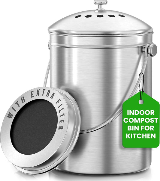 Utopia Kitchen Compost Bin for Kitchen Countertop, 1.3 Gallon Compost Bucket for Kitchen with Lid, Includes 1 Spare Charcoal Filter, Home Essentials - (Silver)