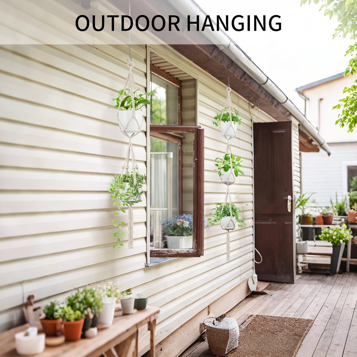 2 Pack Macrame Plant Hanger (49"&72"), Fits 4-8" Pots, 2 Tier+3 Tier Indoor Outdoor Hanging Planter Basket Flower Pot Holder, Boho Home Decor, Ivory (POTS NOT Included)