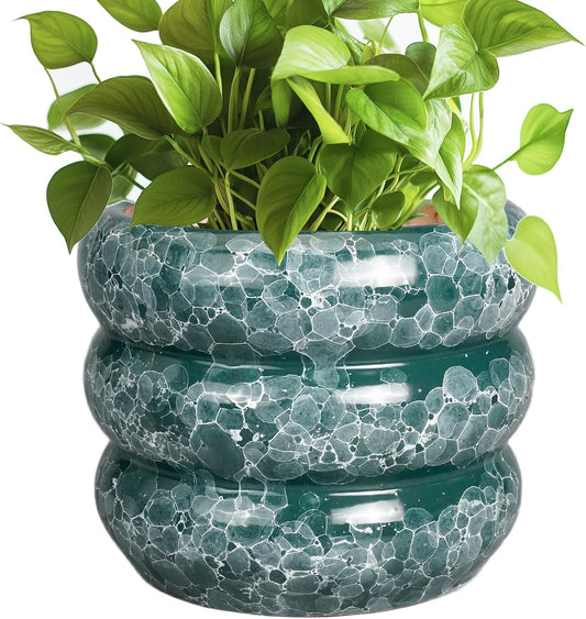 SQOWL 8 Inch Pot for Plants Indoor - Ceramic Planter Medium Plant Pot with Drainage Hole Round Flower Pot Outdoor Mid-Century Planter for Entry Way Table Home Decor Green