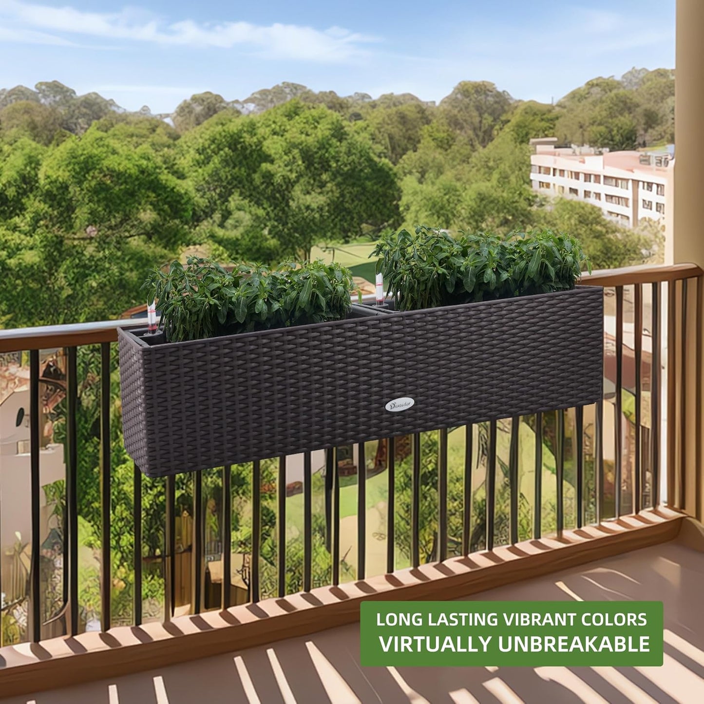 Dexceder 31.5 Inch Rattan Self Watering Planter Indoor Outdoor, Thickened Large Rail Flower Plant Pot Window Box with Water Level Indicators & Bracket (Brown)