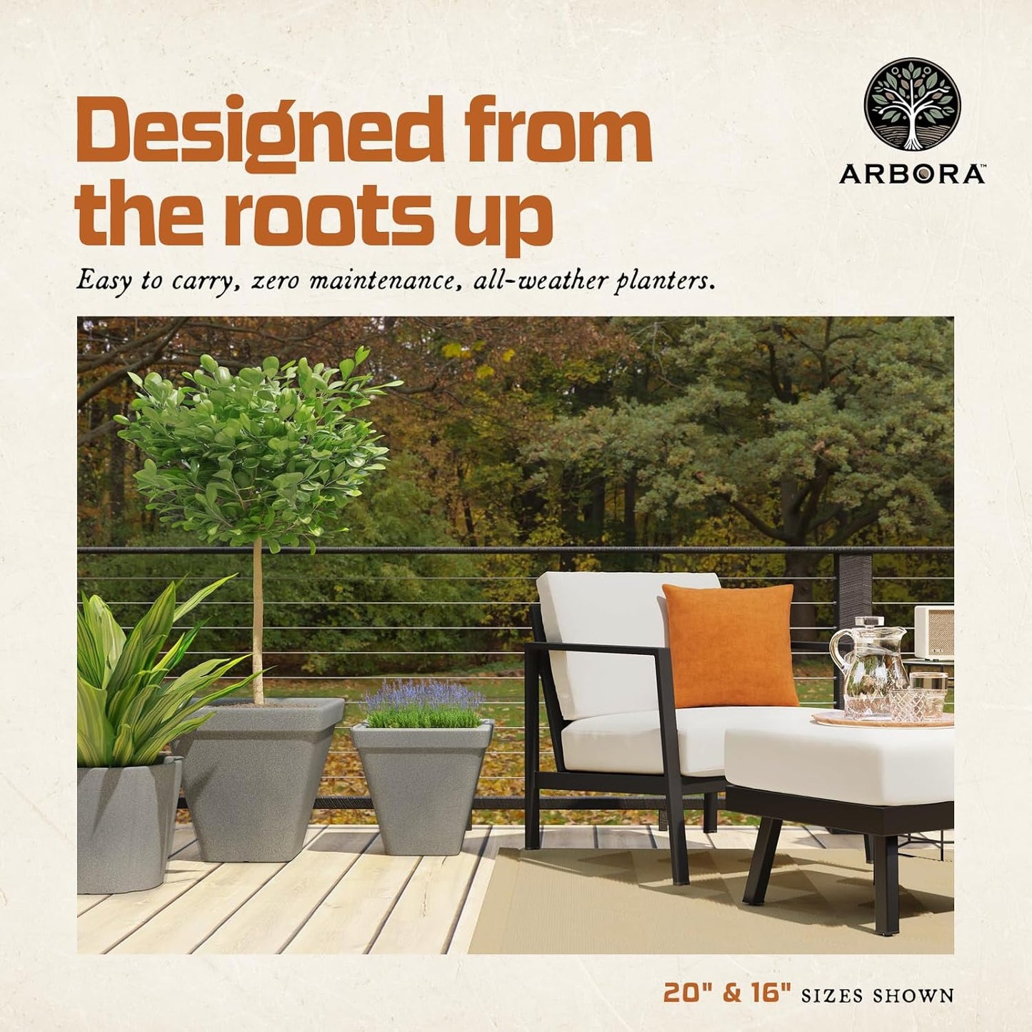 ARBORA 16" Mykonos Square Polyresin Indoor and Outdoor Planter with Stone Blend Concrete Finish - Durable, Weatherproof, Lightweight, Large Plant Pot for Patio, Garden, Deck, Entryway